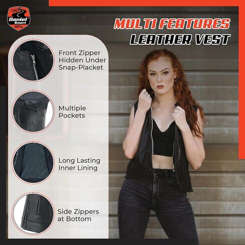 Daniel Smart Black Motorcycle Leather Vest Women Premium Cowhide biker vest for women with Inside Carry Pockets in Saudi Arabia
