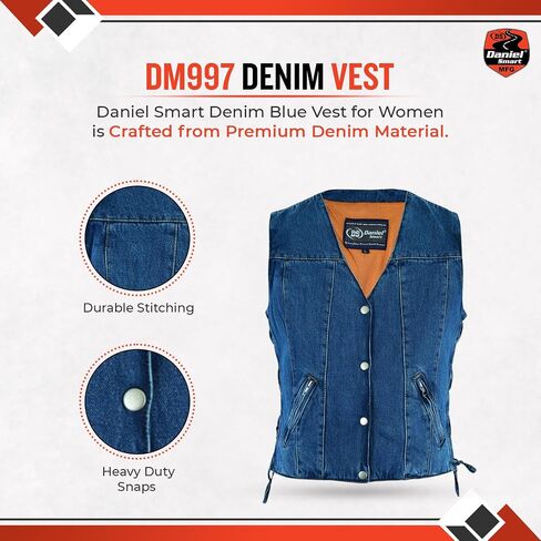 Daniel Smart Women Denim Vest V-Shaped Neck Design Black Jean Motorcycle Vest with Side Laces & Inside Carry Pockets in Saudi Arabia
