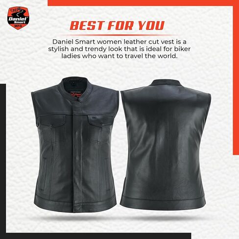 Daniel Smart Black Motorcycle Leather Vest Women Premium Cowhide biker vest for women with Inside Carry Pockets in Saudi Arabia