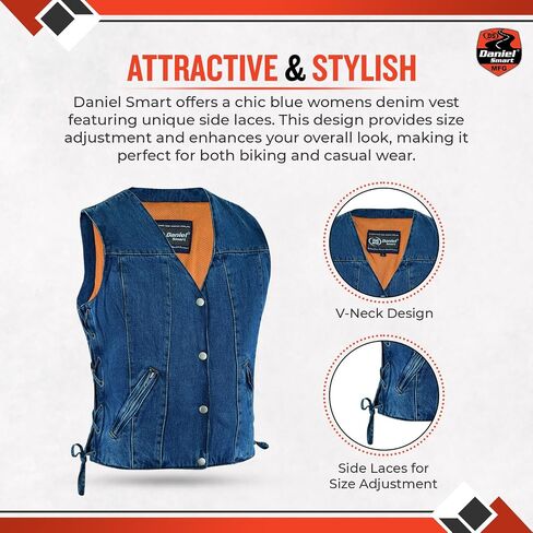 Daniel Smart Women Denim Vest V-Shaped Neck Design Black Jean Motorcycle Vest with Side Laces & Inside Carry Pockets in Saudi Arabia