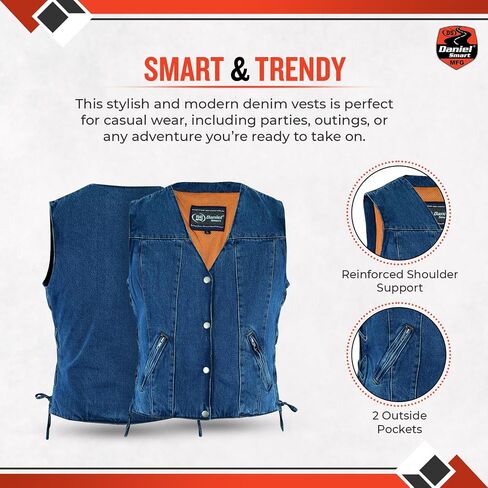 Daniel Smart Women Denim Vest V-Shaped Neck Design Black Jean Motorcycle Vest with Side Laces & Inside Carry Pockets in Saudi Arabia