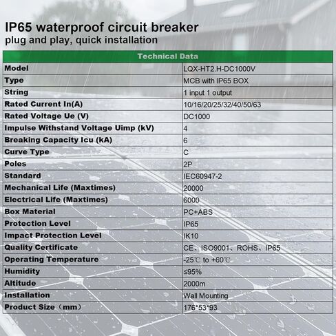 Solar Disconnect Switch for 1-String 500V Solar Panels, PV Miniature Circuit Breaker with PV Connector, IP65 Waterproof housing for DC Systems (C32.2) in Saudi Arabia