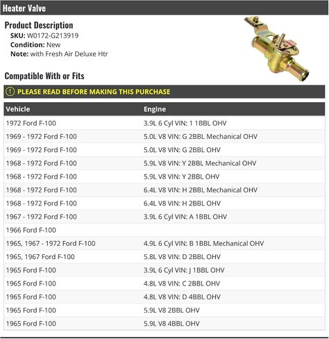 Heater Valve - Compatible with 1965-1972 Ford F-100 with Fresh Air Deluxe Heater in Saudi Arabia