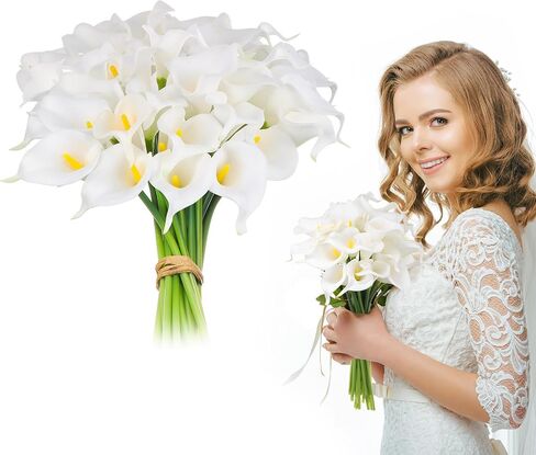 40 Pcs 13 Inch Calla Lily Artificial Flowers Wedding Bouquet Artificial Real Touch Latex Flowers Calla Lily Artificial Flowers for Home Wedding Party Plant Decoration, White with Yellow Core in Saudi Arabia