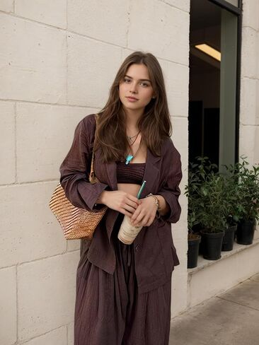 Bloomers Linen 2 Piece Sets for Women Lantern Pants Casual Elastic Harem Pants Long Sleeve Button Down Shirts Vacation in Kuwait