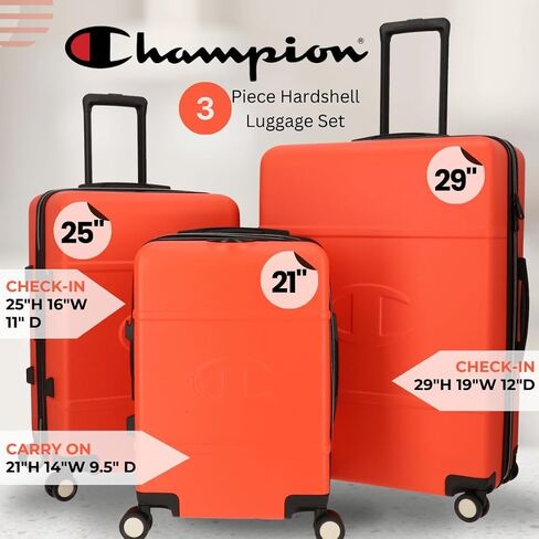 Champion 3-Piece Luggage Set - 21" 25" 29" Hardshell Suitcases with 8 Spinner Wheels - Expandable Carry-On & Checked Luggage - Durable ABS Material - Travel Bags for Men & Women - Mandarin Red in Saudi Arabia