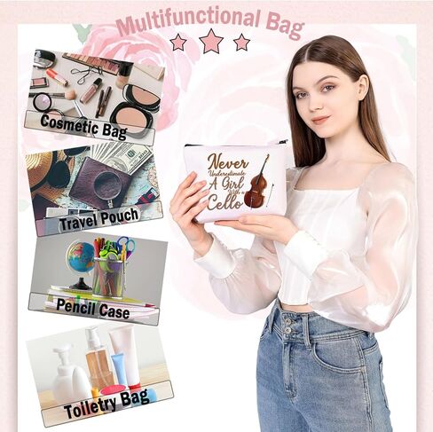 BDPWSS Cello Gift Cello Lover Cello Player Gift Cello Music Teacher Gift Never Underestimate A Girl With A Cello Makeup Bag (Girl With Cello) in Kuwait