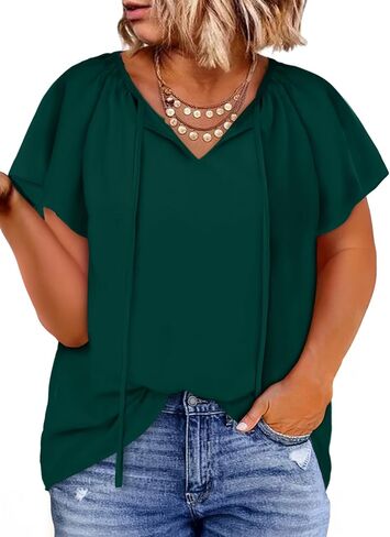 Eytino Women Plus Size Tops Boho Printed V Neck Short Sleeve Drawstring Casual Chiffon Shirts Blouse(1X-5X) in Saudi Arabia