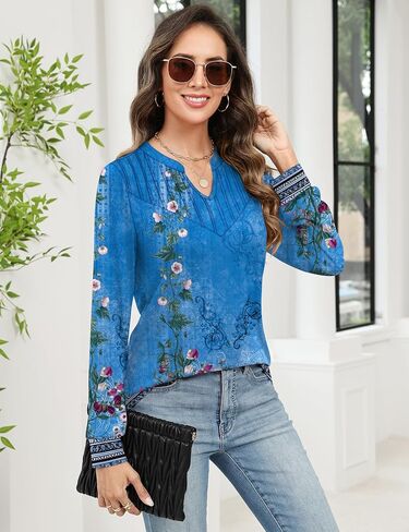 Rapbin Womens Blouses Dressy Casual Long Sleeve Shirts Trendy Pleated V Neck T Shirts Loose Fit Basic Tunic Tops in Saudi Arabia