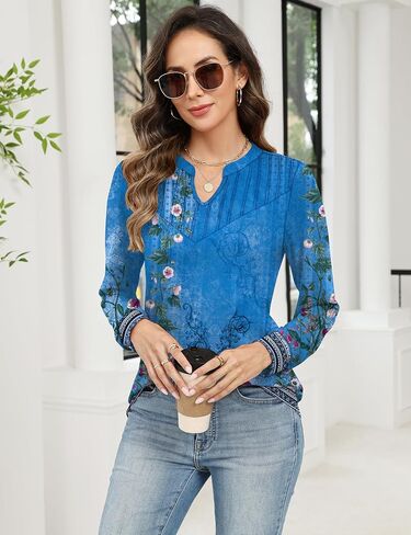 Rapbin Womens Blouses Dressy Casual Long Sleeve Shirts Trendy Pleated V Neck T Shirts Loose Fit Basic Tunic Tops in Saudi Arabia