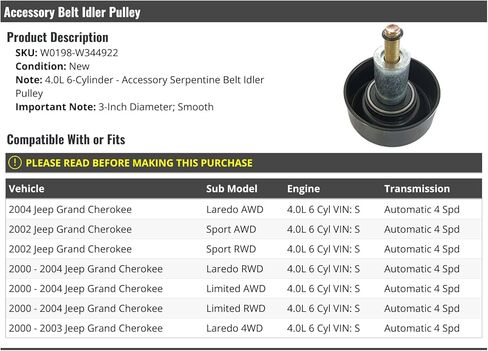 مؤلف حزام السربنتين التبعي-متوافق مع 2000-2004 Jeep Grand Cherokee 4.0L 6 أسطوانات (Vin S) 4 سرعات أوتوماتيكية in Kuwait