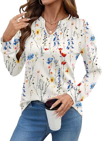Rapbin Womens Blouses Dressy Casual Long Sleeve Shirts Trendy Pleated V Neck T Shirts Loose Fit Basic Tunic Tops in Saudi Arabia
