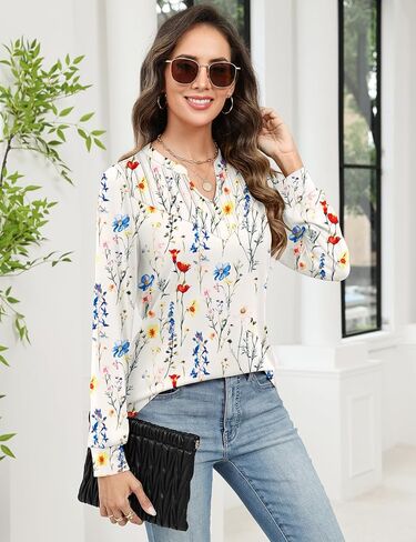Rapbin Womens Blouses Dressy Casual Long Sleeve Shirts Trendy Pleated V Neck T Shirts Loose Fit Basic Tunic Tops in Saudi Arabia