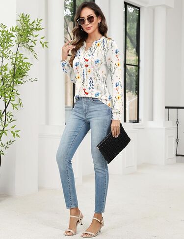Rapbin Womens Blouses Dressy Casual Long Sleeve Shirts Trendy Pleated V Neck T Shirts Loose Fit Basic Tunic Tops in Saudi Arabia