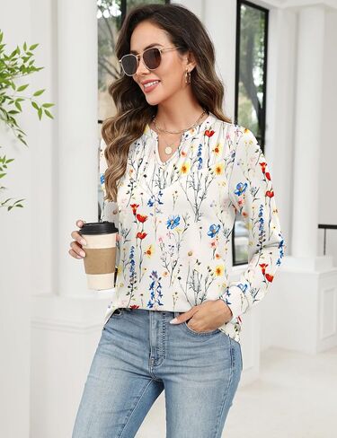 Rapbin Womens Blouses Dressy Casual Long Sleeve Shirts Trendy Pleated V Neck T Shirts Loose Fit Basic Tunic Tops in Saudi Arabia