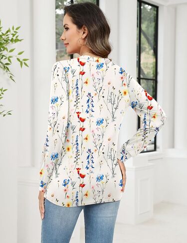 Rapbin Womens Blouses Dressy Casual Long Sleeve Shirts Trendy Pleated V Neck T Shirts Loose Fit Basic Tunic Tops in Saudi Arabia