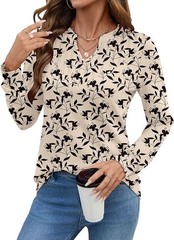 Rapbin Womens Blouses Dressy Casual Long Sleeve Shirts Trendy Pleated V Neck T Shirts Loose Fit Basic Tunic Tops in Saudi Arabia