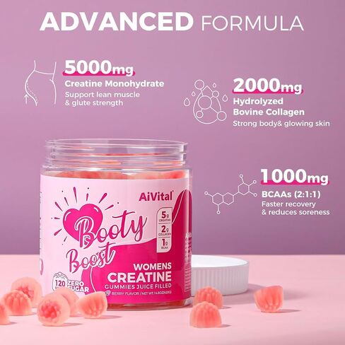 Aivital ™ Creatine Gummies for Women ، 5000mg أحادي الهيدرات الكرياتين للنساء+2000 ملغ من الكولاجين+1000mg BCAAs ، يدعم العضلات الهزيلة والغنيمة ، بدون سكر ، 30 خدمة ، 120 تهم ، نكهة التوت ، in Saudi Arabia