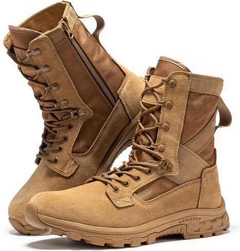 8 Inch Mens Lightweight Side Zip Tactical Boots, Comfortable Slip Resistant Rubber YKK Zipper Outdoor Hiking, EVA Cushioning Military Boot(BP401) in Kuwait