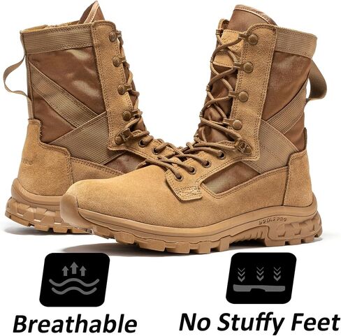 8 Inch Mens Lightweight Side Zip Tactical Boots, Comfortable Slip Resistant Rubber YKK Zipper Outdoor Hiking, EVA Cushioning Military Boot(BP401) in Kuwait