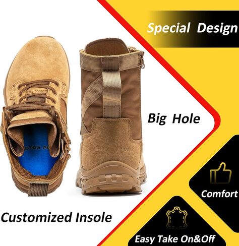 8 Inch Mens Lightweight Side Zip Tactical Boots, Comfortable Slip Resistant Rubber YKK Zipper Outdoor Hiking, EVA Cushioning Military Boot(BP401) in Kuwait