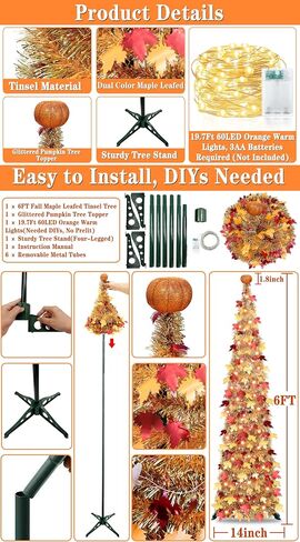 Timer & Pumpkin - 6 أقدام سقوط شجرة السقوط المضاءة ، السقوط منبثقة شجرة القيقب مع 60 LED LED الأضواء الدافئة البطارية تعمل على تحصيل شجرة الخريف السقوط in Saudi Arabia