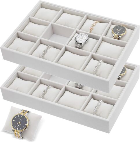 2 Pieces Velvet Watch Tray Jewelry Organizer 12 Grid Stackable Watch Bracelet Bangle Display Holder Adjustable Pillow in Saudi Arabia
