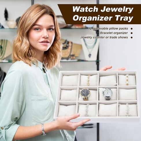 2 Pieces Velvet Watch Tray Jewelry Organizer 12 Grid Stackable Watch Bracelet Bangle Display Holder Adjustable Pillow in Saudi Arabia