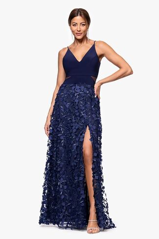Xscape Women's Sleeveless V-Neck Raised Flower Skirt Gown with Side Slit in Saudi Arabia
