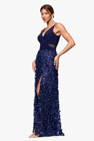 Xscape Women's Sleeveless V-Neck Raised Flower Skirt Gown with Side Slit in Saudi Arabia