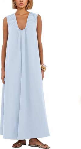 MISSACTIVER Women's Sleeveless Maxi Dress Scoop Neck Ruched Long Dress with Side Pockets Wide Shoulder Elegant Blouse Dresses in Saudi Arabia