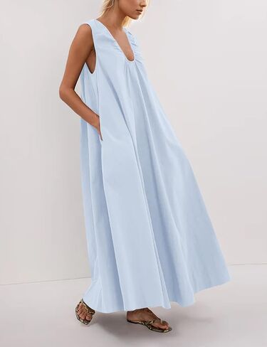 MISSACTIVER Women's Sleeveless Maxi Dress Scoop Neck Ruched Long Dress with Side Pockets Wide Shoulder Elegant Blouse Dresses in Saudi Arabia