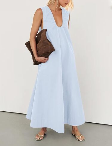 MISSACTIVER Women's Sleeveless Maxi Dress Scoop Neck Ruched Long Dress with Side Pockets Wide Shoulder Elegant Blouse Dresses in Saudi Arabia