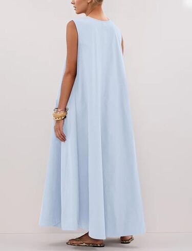 MISSACTIVER Women's Sleeveless Maxi Dress Scoop Neck Ruched Long Dress with Side Pockets Wide Shoulder Elegant Blouse Dresses in Saudi Arabia