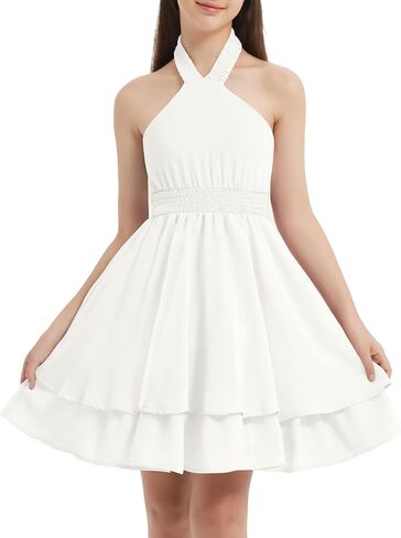 Exarus Girls Flowy Hend Henter Halter/Puff Sleeve/Spaghetti Strap Smocked Dress Dresses Mini Dresses 6-14y in Saudi Arabia