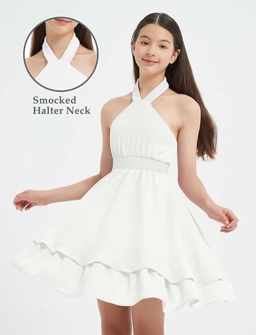 Exarus Girls Flowy Hend Henter Halter/Puff Sleeve/Spaghetti Strap Smocked Dress Dresses Mini Dresses 6-14y in Saudi Arabia