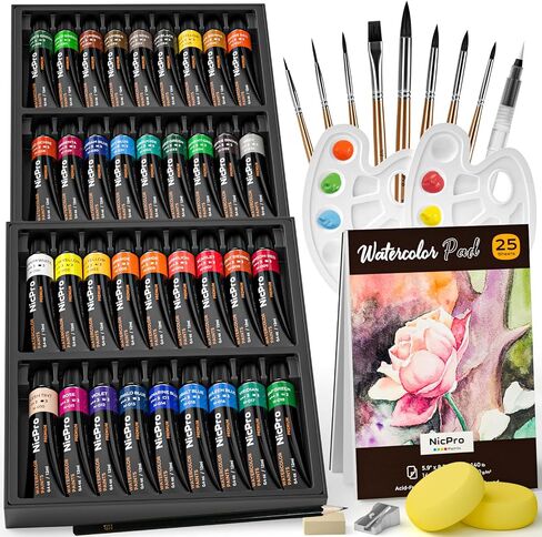 Nicpro Watercolor Paint Set for Adults, Kids, Beginner & Artists, 24 Tubes Water Color Paint Set with 25 Watercolor Paper, 8 Squirrel Paint Brushes, Palettes, Color Wheel, Art Painting Supplies in Kuwait