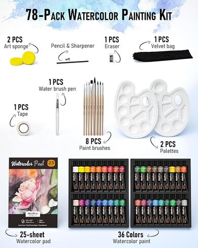 Nicpro Watercolor Paint Set for Adults, Kids, Beginner & Artists, 24 Tubes Water Color Paint Set with 25 Watercolor Paper, 8 Squirrel Paint Brushes, Palettes, Color Wheel, Art Painting Supplies in Kuwait