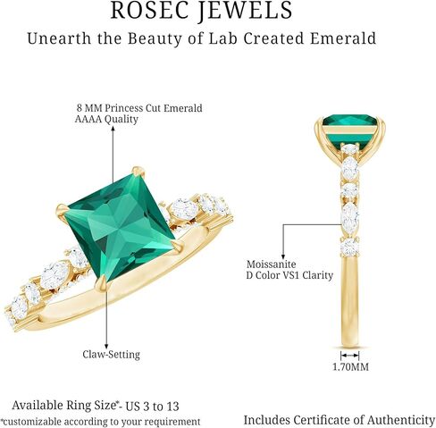 مختبر معتمد من Emerald 8mm Princess Cut Cut Engagement Ring ، AAAA Quality ، Emerald Moissanite Ring - مع صندوق المجوهرات in Kuwait