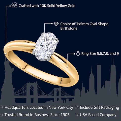 Gem Stone King 10K الذهب الأصفر الصلب مخصص وشخصية 7 × 5 مم البيضاوي الأحجار الكريمة الخاتم Solitaire خاتم للنساء in Saudi Arabia