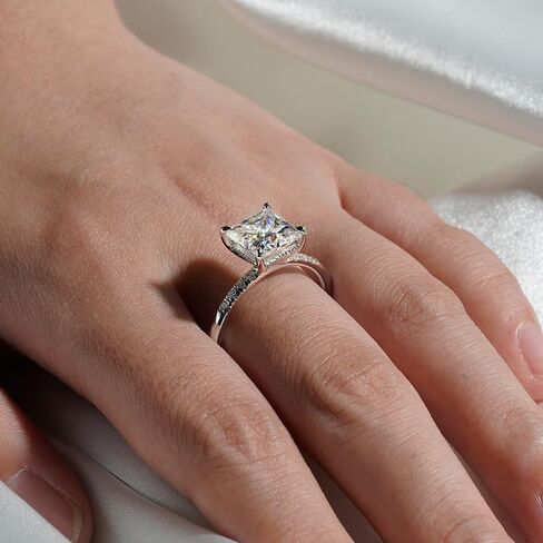 MSBLUE® Moissanite Engagement Ring, 1.0-3.0 CT Solitaire Princess Cut with Accent Stones and Hidden Halo, 14K Gold Vermeil, Rhodium Finish in Kuwait