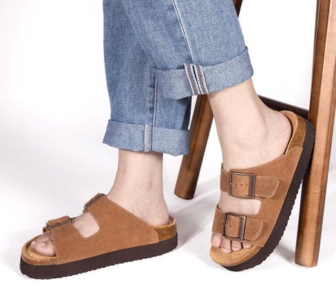 Platform Sandals Women Suede Sandals Arch Support Summer Slides with Adjustable Buckle Open Toe in Saudi Arabia