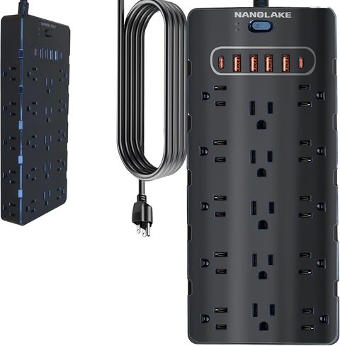 20 Amp 12 Gauge Heavy Duty Power Strip 2500W,4000 Joules Surge Protector,High Power Capacity,Flat Plug (Not T-Slot),25 AC,6 USB Ports,6.5Ft Cord,Workshop Garage Office Household,Covered by Insurance. in Kuwait