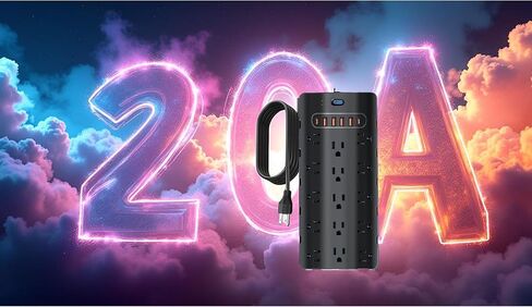 20 Amp 12 Gauge Heavy Duty Power Strip 2500W,4000 Joules Surge Protector,High Power Capacity,Flat Plug (Not T-Slot),25 AC,6 USB Ports,6.5Ft Cord,Workshop Garage Office Household,Covered by Insurance. in Kuwait