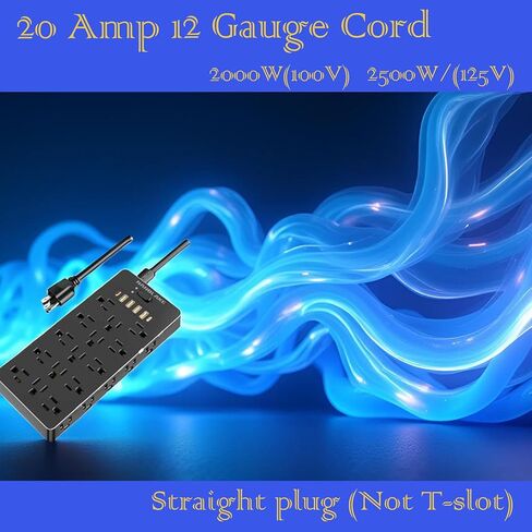 20 Amp 12 Gauge Heavy Duty Power Strip 2500W,4000 Joules Surge Protector,High Power Capacity,Flat Plug (Not T-Slot),25 AC,6 USB Ports,6.5Ft Cord,Workshop Garage Office Household,Covered by Insurance. in Kuwait