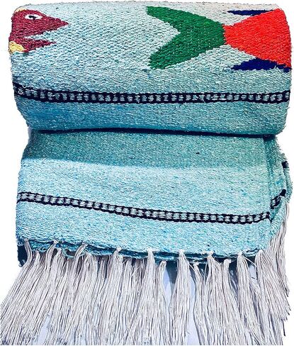 Baja Trader Serape Mexican Blanket, Yoga Mat, Camping Blanket, Beach Blanket, Picnic Blanket, Handmade Woven Throw Blanket, Home Decor, Car Blanket (Fish) (Navy Blue) in Saudi Arabia
