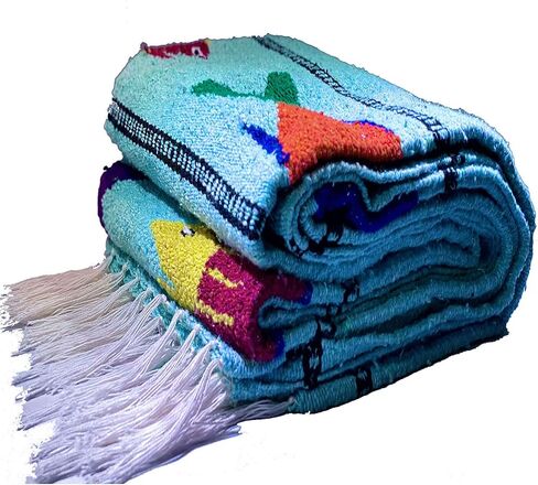 Baja Trader Serape Mexican Blanket, Yoga Mat, Camping Blanket, Beach Blanket, Picnic Blanket, Handmade Woven Throw Blanket, Home Decor, Car Blanket (Fish) (Navy Blue) in Saudi Arabia