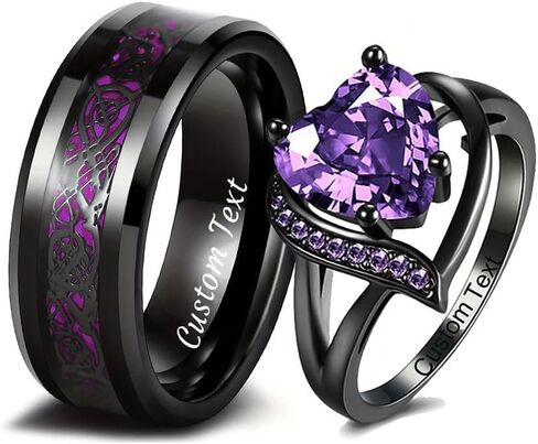 Engraved His & Hers Matching Purple CZ Heart Tungsten Wedding Rings Set, Size 5-13 in Saudi Arabia
