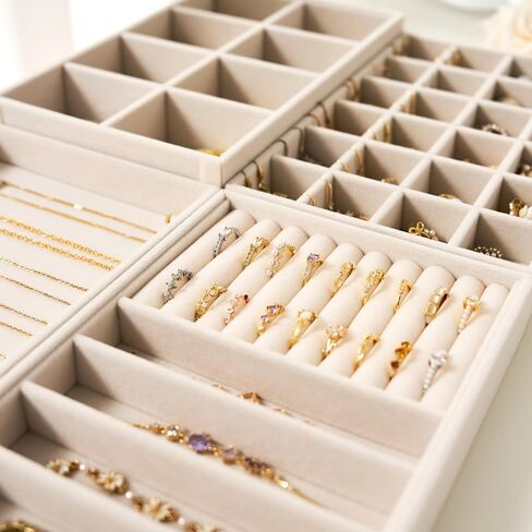 Velvet Jewelry Drawer Organizer Trays – Stackable Jewelry Organizer Storage Inserts Set, 4-Layer Jewelry Tray Set for Earrings, Rings, Necklaces, Bracelets with Removable Dividers for Dresser & Vanity in Saudi Arabia