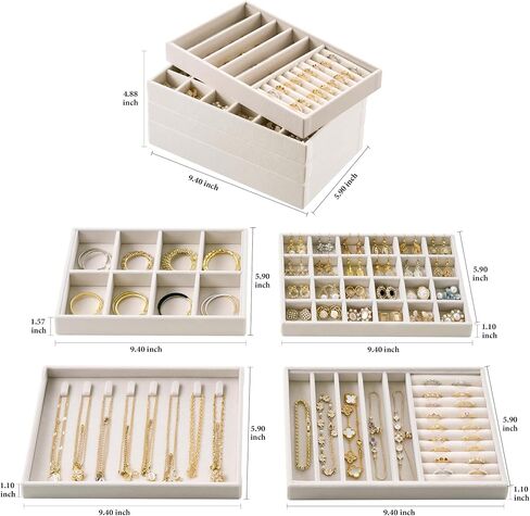 Velvet Jewelry Drawer Organizer Trays – Stackable Jewelry Organizer Storage Inserts Set, 4-Layer Jewelry Tray Set for Earrings, Rings, Necklaces, Bracelets with Removable Dividers for Dresser & Vanity in Saudi Arabia